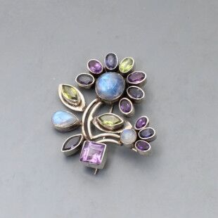 Silver Multi Gem Flower Brooch